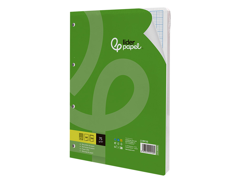 RECAMBIO LIDERPAPEL A4 100 HOJAS 75GR RAYADO Nº46 4 TALADROS