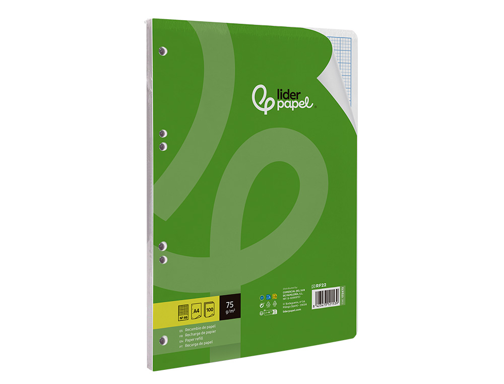 RECAMBIO LIDERPAPEL A4 100 HOJAS 75GR RAYADO Nº46 4 TALADROS