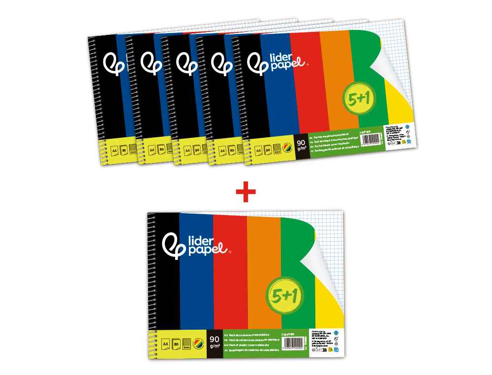 CUADERNO ESPIRAL LIDERPAPEL DIN A4 TAPA POLIPROPILENO 80H 90GR CUADRO 4MM CON MARGEN PACK 5+1 COLORES SURTIDOS
