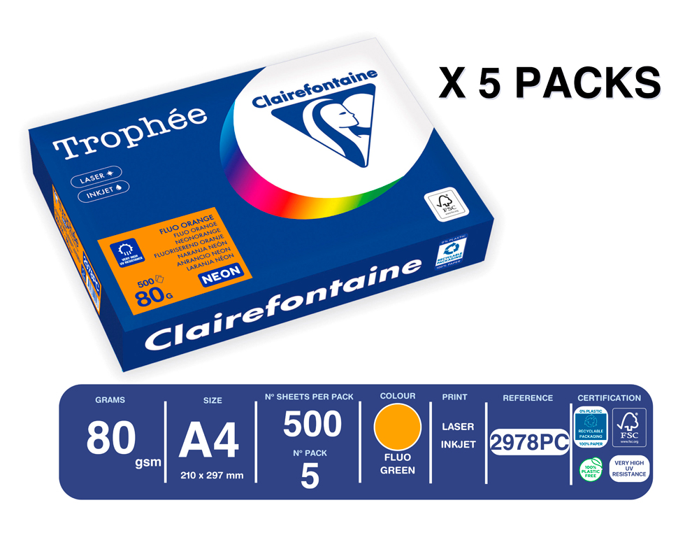 PAPEL COLOR TROPHEE A4 80GR NARANJA NEON PAQUETE DE 500 HOJAS