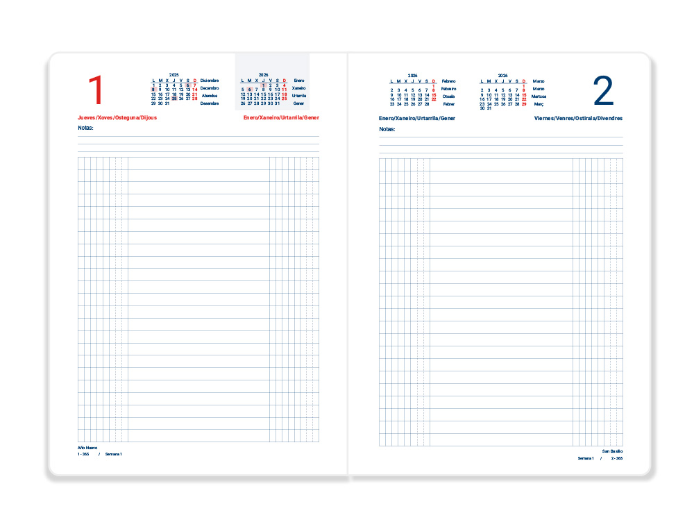 DIETARIO LIDERPAPEL 2026 DOS TERCIOS 150X305 MM DIA PAGINA COLOR AZUL PAPEL 70 GR FSC