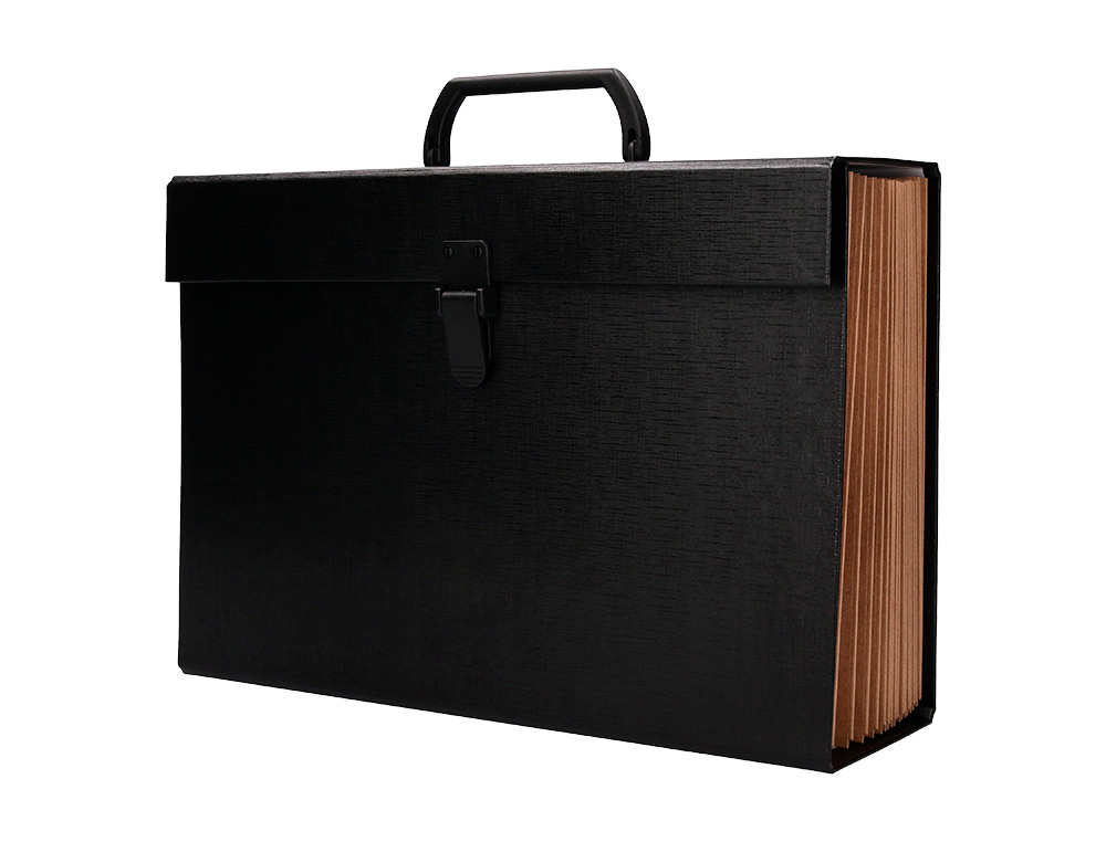 MALETIN LIDERPAPEL CON FUELLE Y ASA CARTON FORRADO 19 DEPARTAMENTOS 255X390X120 MM COLOR NEGRO