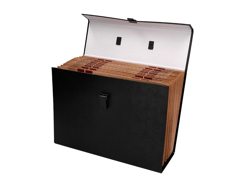 MALETIN LIDERPAPEL CON FUELLE Y ASA CARTON FORRADO 19 DEPARTAMENTOS 255X390X120 MM COLOR NEGRO