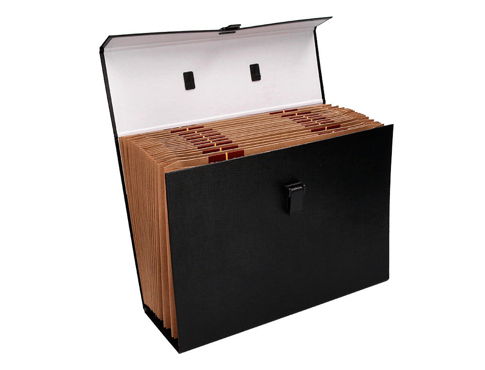 MALETIN LIDERPAPEL CON FUELLE Y ASA CARTON FORRADO 19 DEPARTAMENTOS 255X390X120 MM COLOR NEGRO