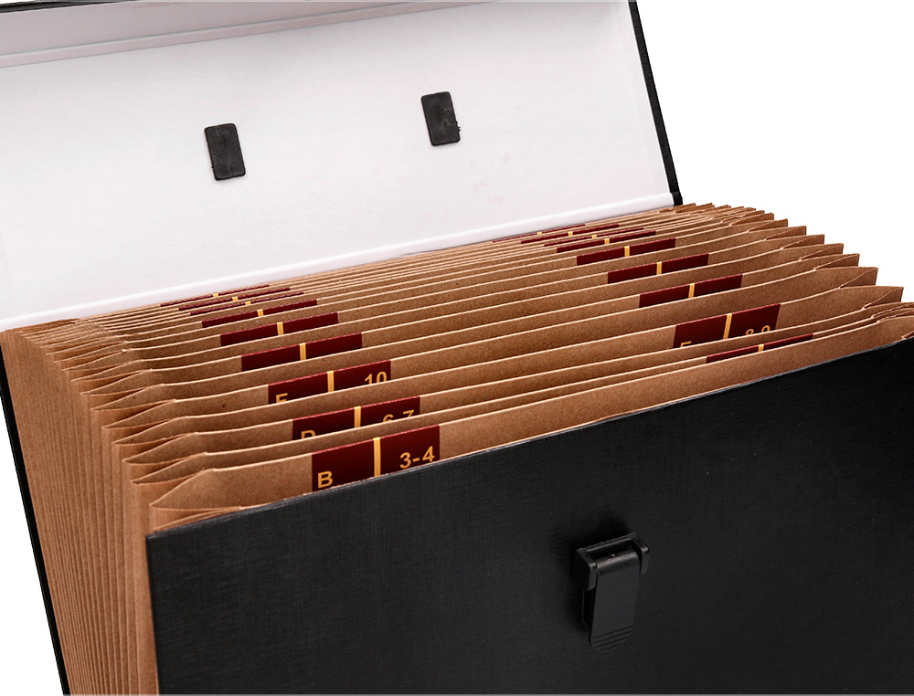 MALETIN LIDERPAPEL CON FUELLE Y ASA CARTON FORRADO 19 DEPARTAMENTOS 255X390X120 MM COLOR NEGRO