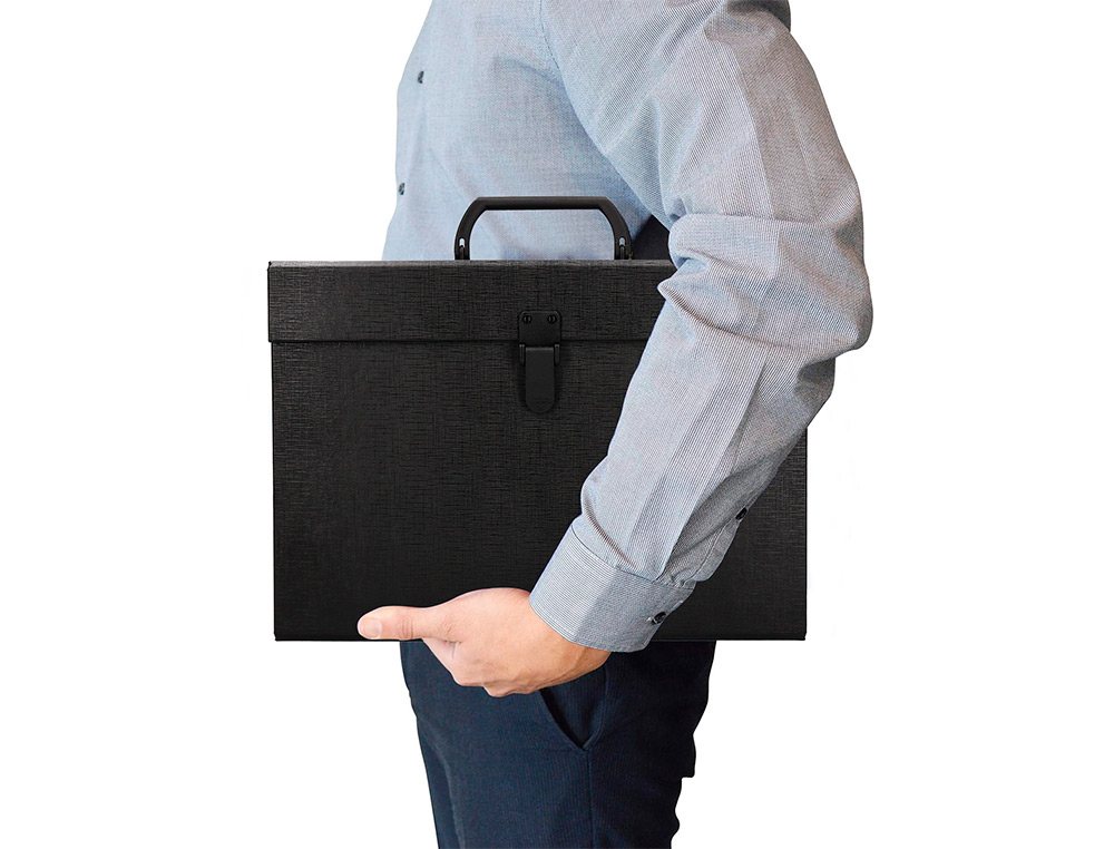 MALETIN LIDERPAPEL CON FUELLE Y ASA CARTON FORRADO 19 DEPARTAMENTOS 255X390X120 MM COLOR NEGRO