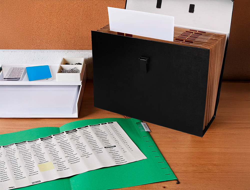 MALETIN LIDERPAPEL CON FUELLE Y ASA CARTON FORRADO 19 DEPARTAMENTOS 255X390X120 MM COLOR NEGRO