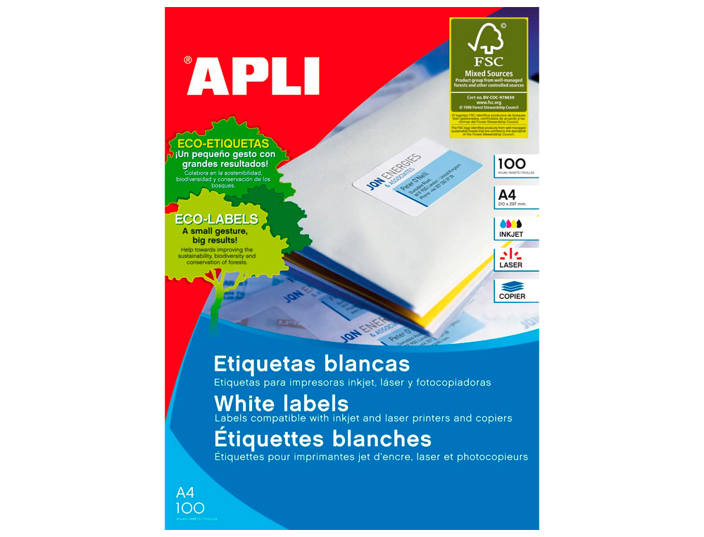 ETIQUETA ADHESIVA APLI 1264 TAMAÑO 210X148 MM -FOTOCOPIADORA LASER INK-JET -CAJA CON 100 HOJAS DIN A4