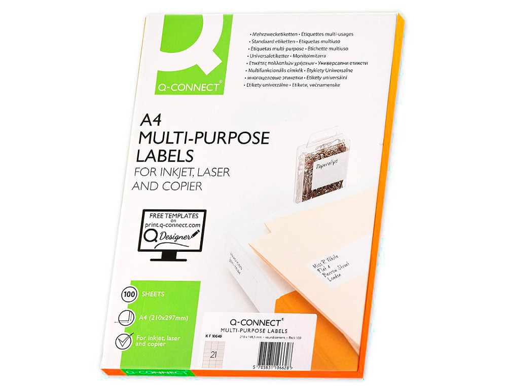 ETIQUETA ADHESIVA Q-CONNECT KF10649 -TAMAÑO 70X42,3 MM FOTOCOPIADORA LASER INK-JET CAJA CON 100 HOJAS DIN A4