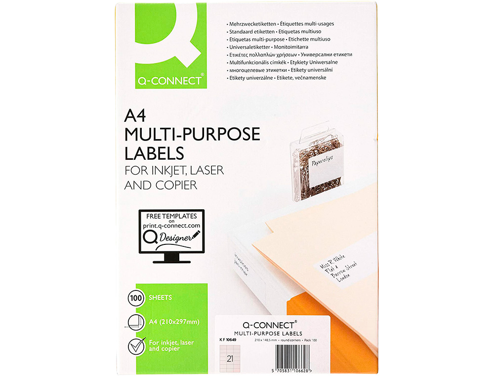 ETIQUETA ADHESIVA Q-CONNECT KF10649 -TAMAÑO 70X42,3 MM FOTOCOPIADORA LASER INK-JET CAJA CON 100 HOJAS DIN A4