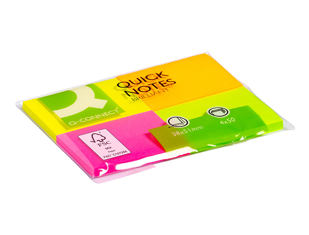 BLOC DE NOTAS ADHESIVAS QUITA Y PON Q-CONNECT 38X51 MM CON 50 HOJAS FLUORESCENTES PACK DE 4 UNIDADES