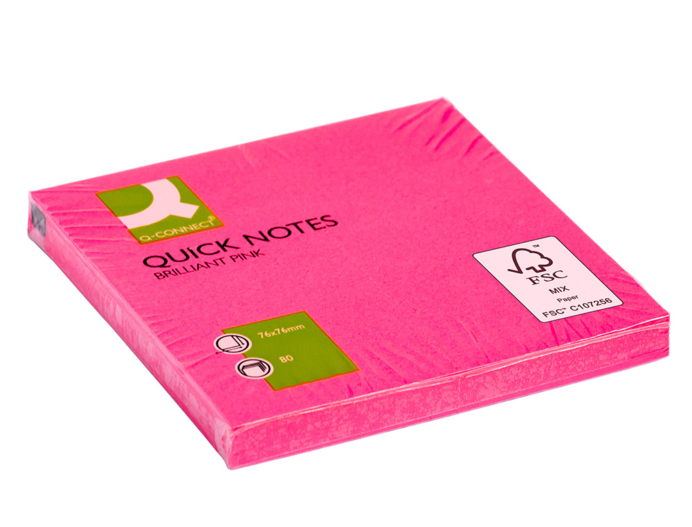 BLOC DE NOTAS ADHESIVAS QUITA Y PON Q-CONNECT 76X76 MM ROSA NEON 80 HOJAS