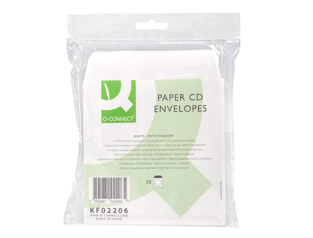 SOBRE PARA CD Q-CONNECT CON VENTANA TRANSPARENTE Y SOLAPA PACK DE 50 UNIDADES
