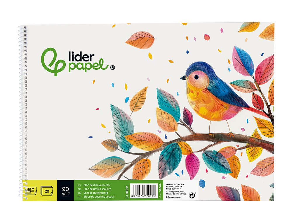 BLOC DIBUJO LIDERPAPEL ESCOLAR ESPIRAL 230X325MM 20 HOJAS 90 GR/M2 SIN RECUADRO