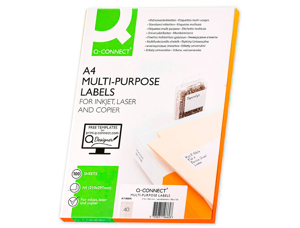 ETIQUETA ADHESIVA Q-CONNECT KF00574 -TAMAO 52,5X29,7 MM -FOTOCOPIADORA -LASER -INK-JET-CAJA CON 100 HOJAS DIN A4