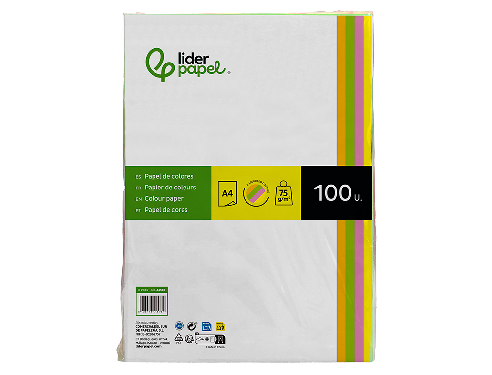 PAPEL COLOR LIDERPAPEL A4 75GR NEON 4 COLORES SURTIDOS PAQUETE DE 500 HOJAS