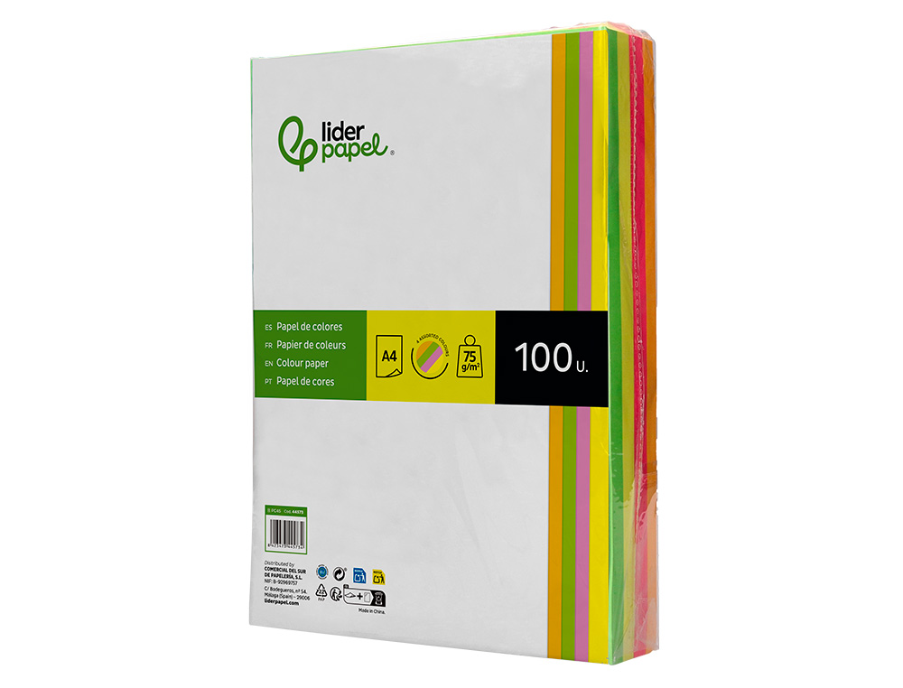 PAPEL COLOR LIDERPAPEL A4 75GR NEON 4 COLORES SURTIDOS PAQUETE DE 500 HOJAS