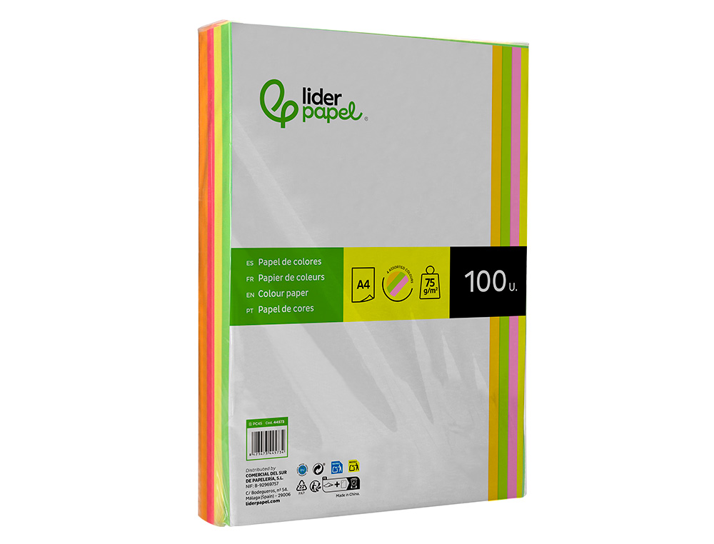 PAPEL COLOR LIDERPAPEL A4 75GR NEON 4 COLORES SURTIDOS PAQUETE DE 500 HOJAS