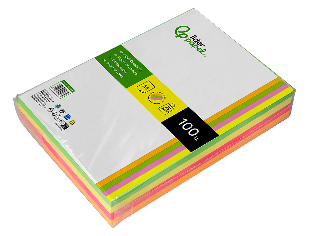 PAPEL COLOR LIDERPAPEL A4 75GR NEON 4 COLORES SURTIDOS PAQUETE DE 500 HOJAS
