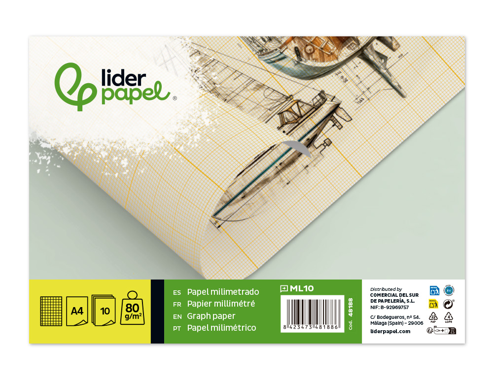 PAPEL DIBUJO LIDERPAPEL 210X297MM 80G/M2 MILIMETRADO PACK DE 10 HOJAS