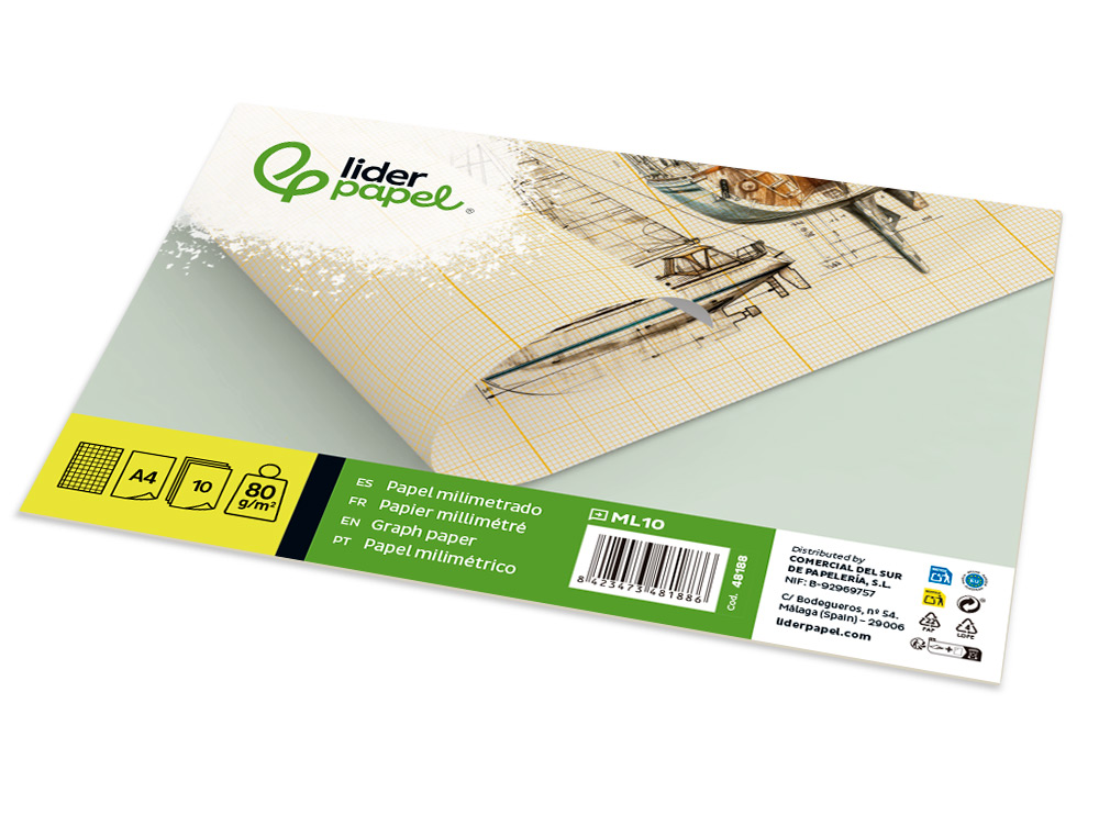 PAPEL DIBUJO LIDERPAPEL 210X297MM 80G/M2 MILIMETRADO PACK DE 10 HOJAS