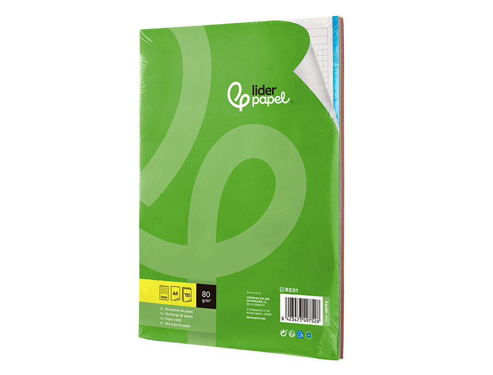 RECAMBIO LIDERPAPEL A4 120 HOJAS 80GR CUADRO 5MM SIN MA RGEN 4 TALADROS BANDAS DE 5 COLORES