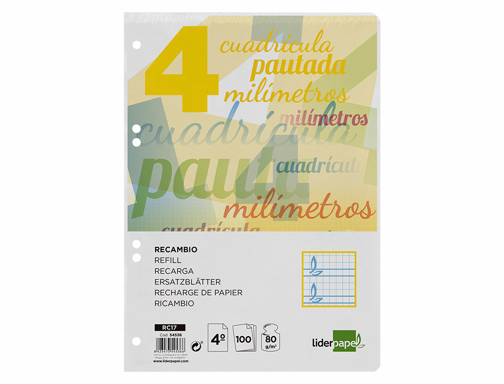 RECAMBIO LIDERPAPEL CUARTO PAUTAGUIA 100 HOJAS 75GR CUADRICULADO PAUTADO 4MM CON MARGEN 6 TALADROS