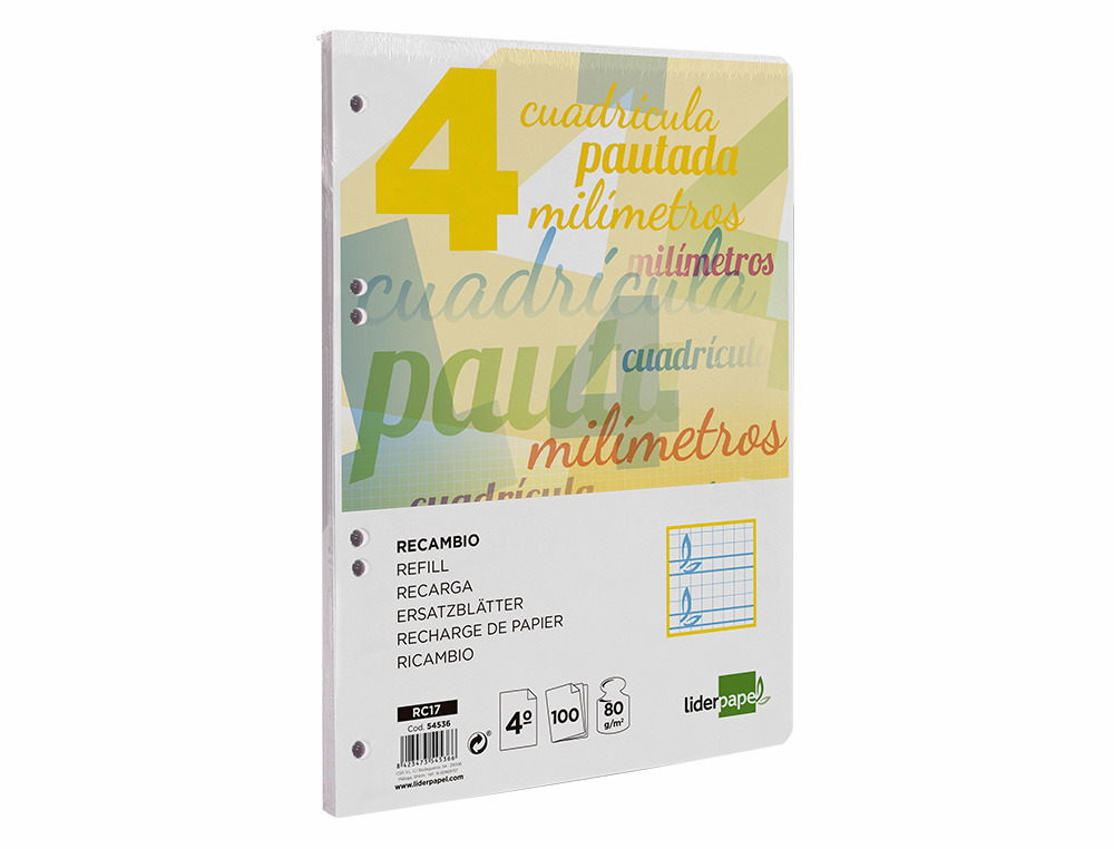 RECAMBIO LIDERPAPEL CUARTO PAUTAGUIA 100 HOJAS 75GR CUADRICULADO PAUTADO 4MM CON MARGEN 6 TALADROS