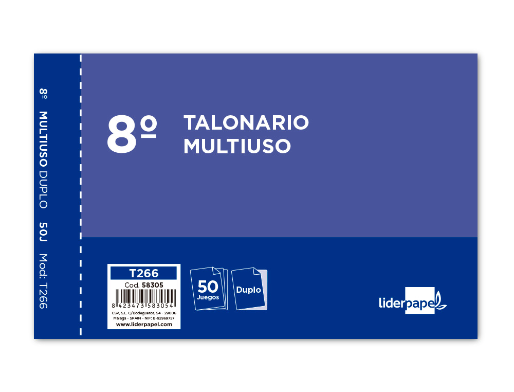 TALONARIO LIDERPAPEL MULTIUSOS OCTAVO DUPLICADO APAISADO