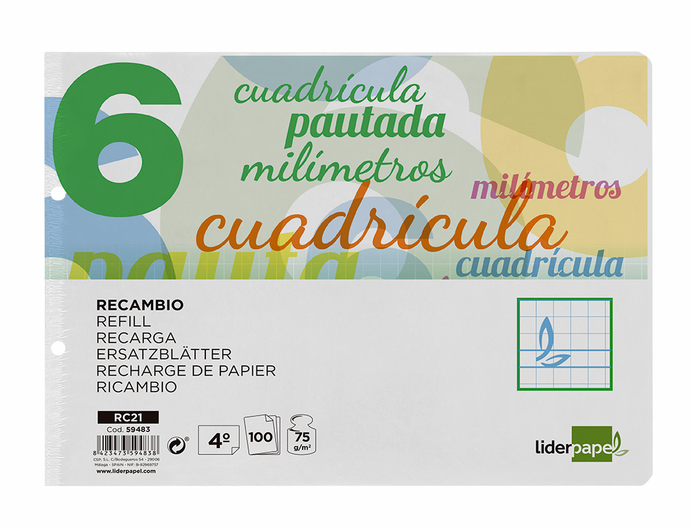 RECAMBIO LIDERPAPEL CUARTO APAISADO PAUTAGUIA 100 HOJAS 75GR CUADRICULADO PAUTADO 6MM CON MARGEN 2 TALADROS