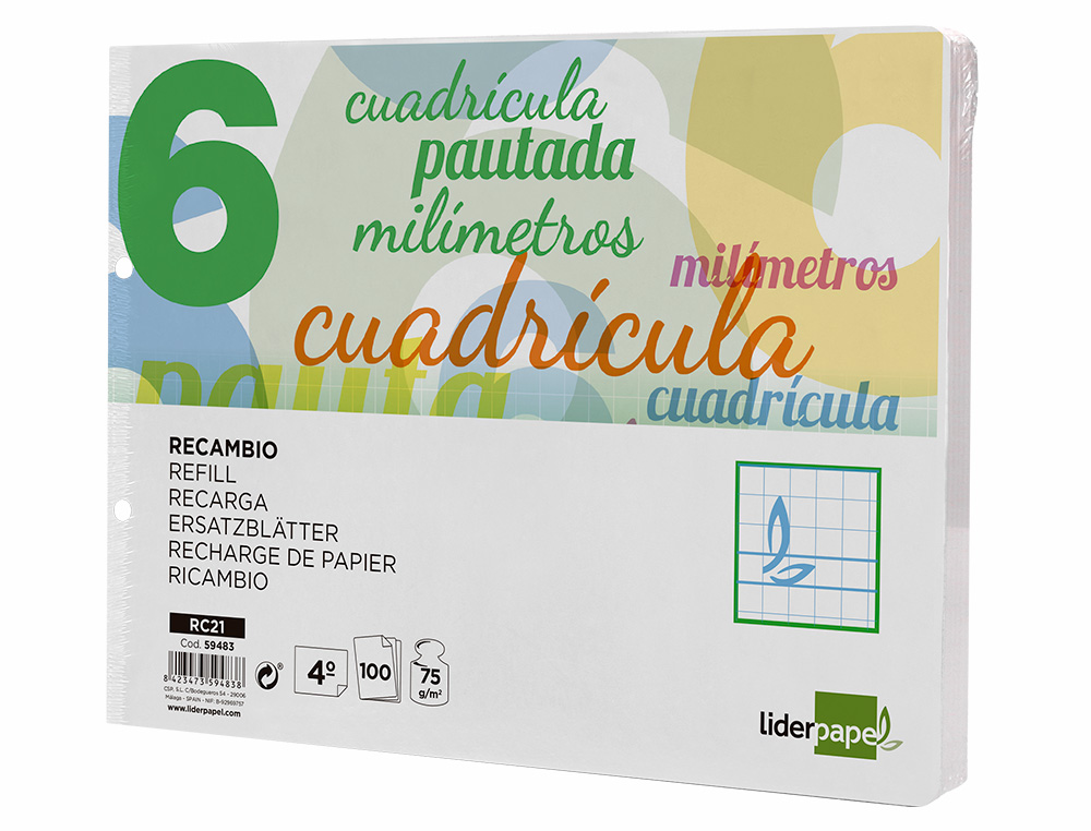 RECAMBIO LIDERPAPEL CUARTO APAISADO PAUTAGUIA 100 HOJAS 75GR CUADRICULADO PAUTADO 6MM CON MARGEN 2 TALADROS
