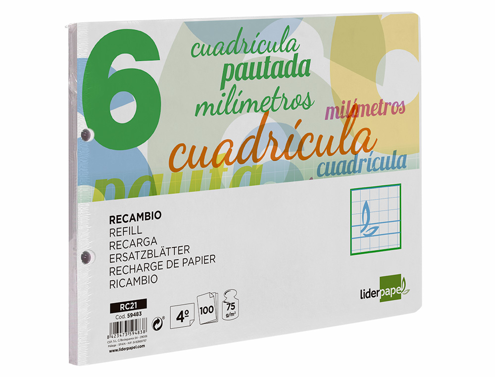 RECAMBIO LIDERPAPEL CUARTO APAISADO PAUTAGUIA 100 HOJAS 75GR CUADRICULADO PAUTADO 6MM CON MARGEN 2 TALADROS