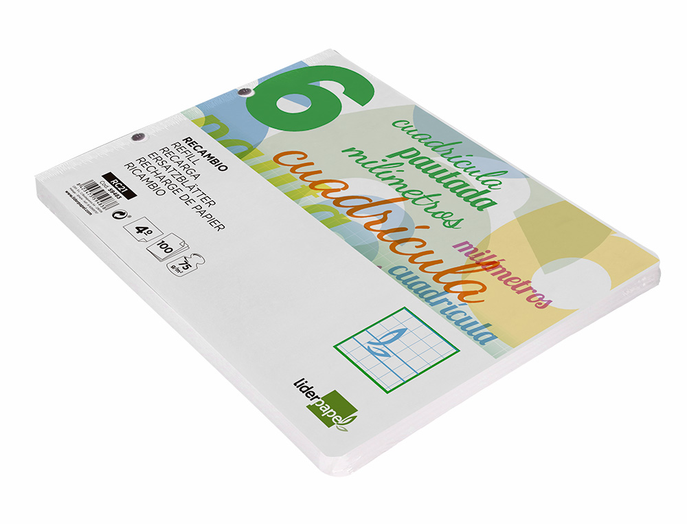 RECAMBIO LIDERPAPEL CUARTO APAISADO PAUTAGUIA 100 HOJAS 75GR CUADRICULADO PAUTADO 6MM CON MARGEN 2 TALADROS