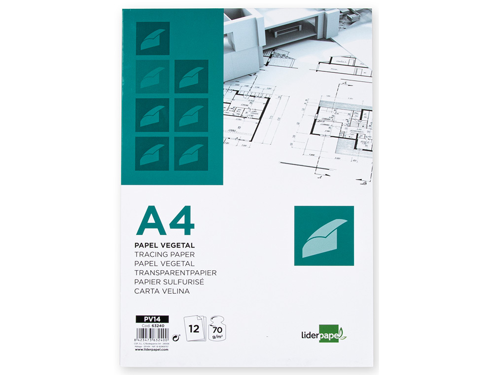PAPEL VEGETAL LIDERPAPEL A4 70GR 210X297MM SOBRE DE 12 HOJAS