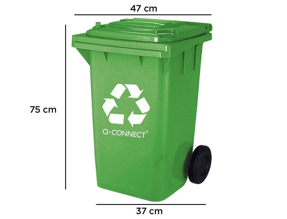 PAPELERA CONTENEDOR Q-CONNECT PLASTICO VERDE PARA ENVASES DE VIDRIO 100L CON TAPA Y RUEDAS 750X470X370 MM