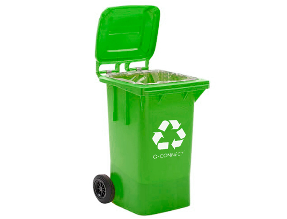 PAPELERA CONTENEDOR Q-CONNECT PLASTICO VERDE PARA ENVASES DE VIDRIO 100L CON TAPA Y RUEDAS 750X470X370 MM