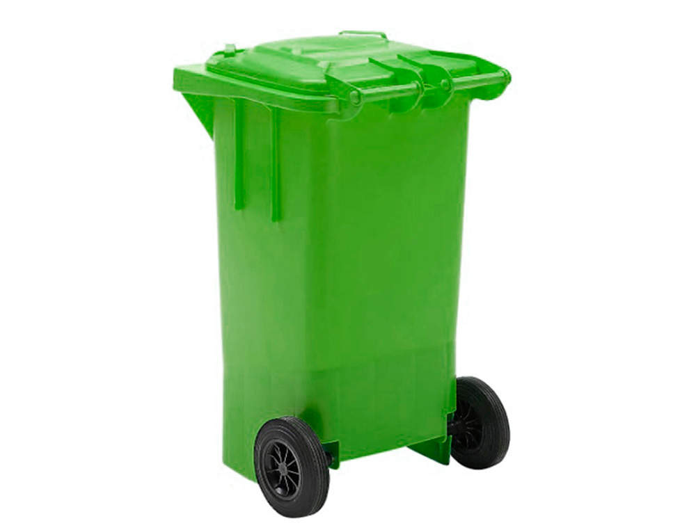 PAPELERA CONTENEDOR Q-CONNECT PLASTICO VERDE PARA ENVASES DE VIDRIO 100L CON TAPA Y RUEDAS 750X470X370 MM