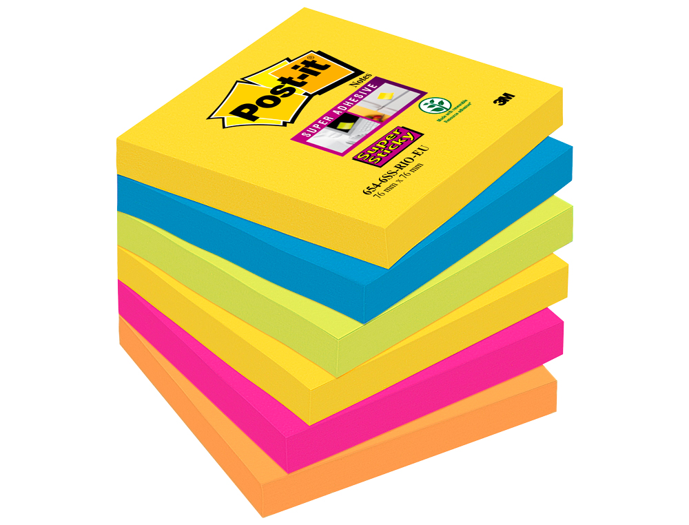 BLOC DE NOTAS ADHESIVAS QUITA Y PON POST-IT SUPER STICKY 76X76 MM CON 90 HOJAS PACK DE 6 BLOC COLORES SURTIDOS