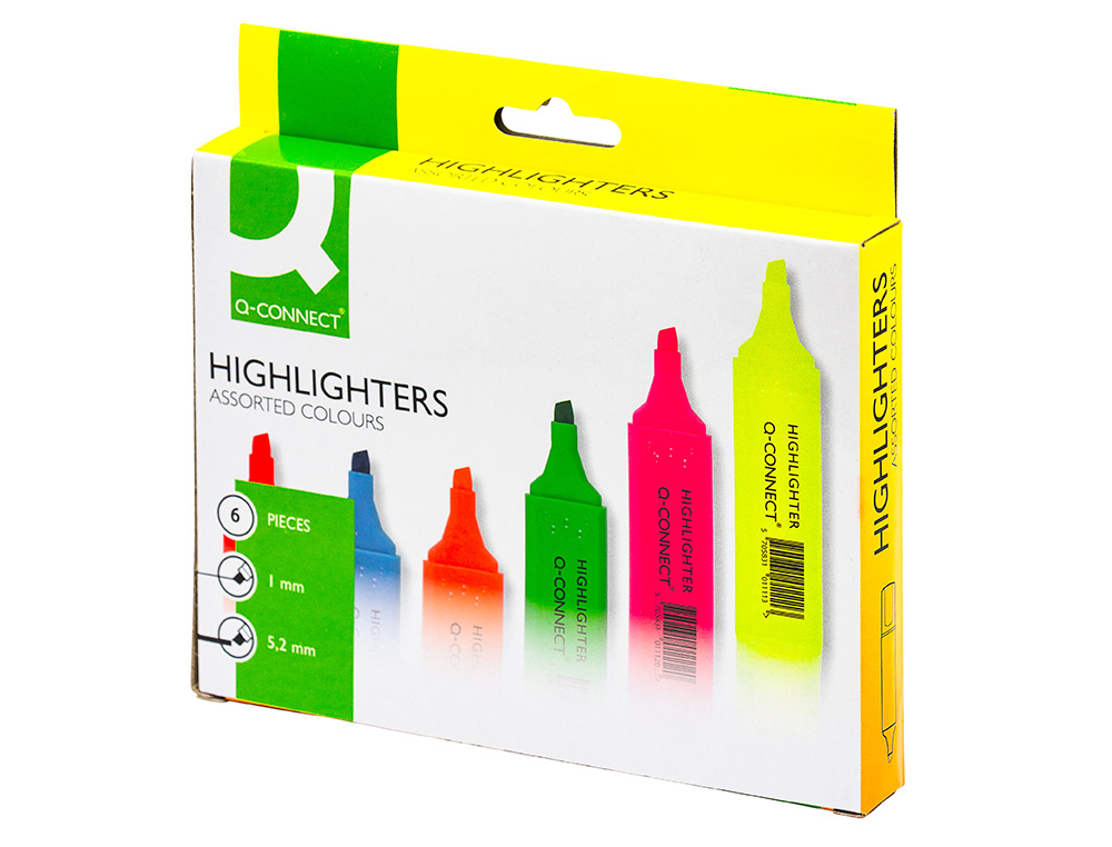 ROTULADOR Q-CONNECT FLUORESCENTE PUNTA BISELADA CAJA DE 6 UNIDADES COLORES SURTIDOS