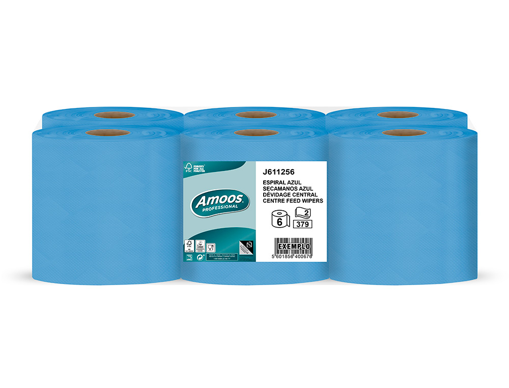 PAPEL SECAMANOS AMOOS 2 CAPAS PROFESSIONAL 192 MM X 125 MT COLOR AZUL PAQUETE DE 6 ROLLOS