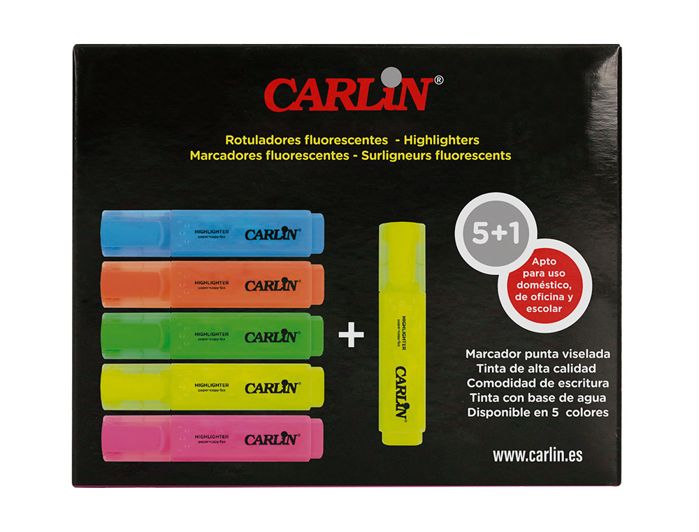 ROTULADOR CARLIN FLUORESCENTE PUNTA BISELADA CAJA DE 5+1 UNIDADES COLORES SURTIDOS