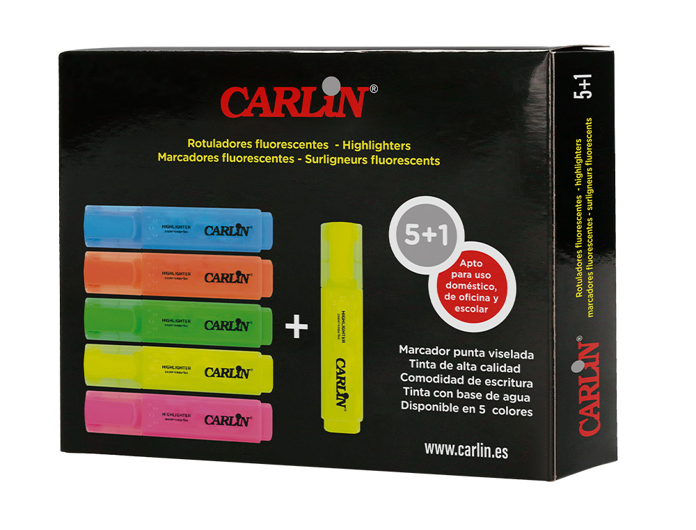 ROTULADOR CARLIN FLUORESCENTE PUNTA BISELADA CAJA DE 5+1 UNIDADES COLORES SURTIDOS