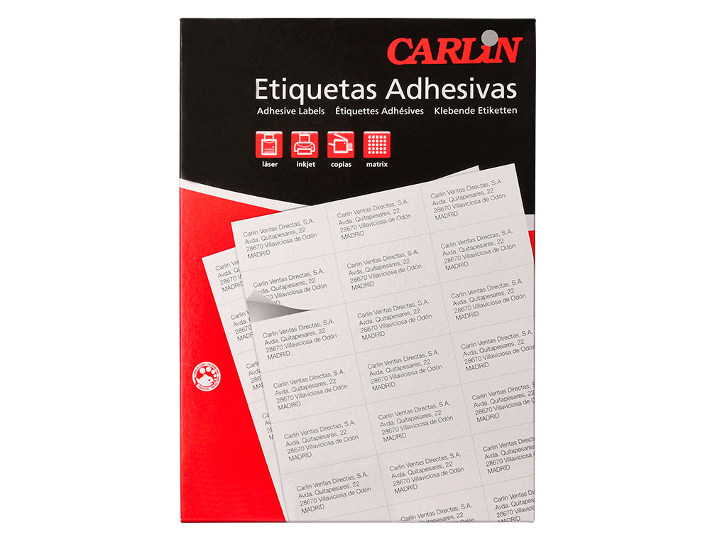 ETIQUETA ADHESIVA CARLIN 52,5X29,7 MM FOTOCOPIADORA LASER INK-JET CAJA DE 100 HOJAS DIN A4