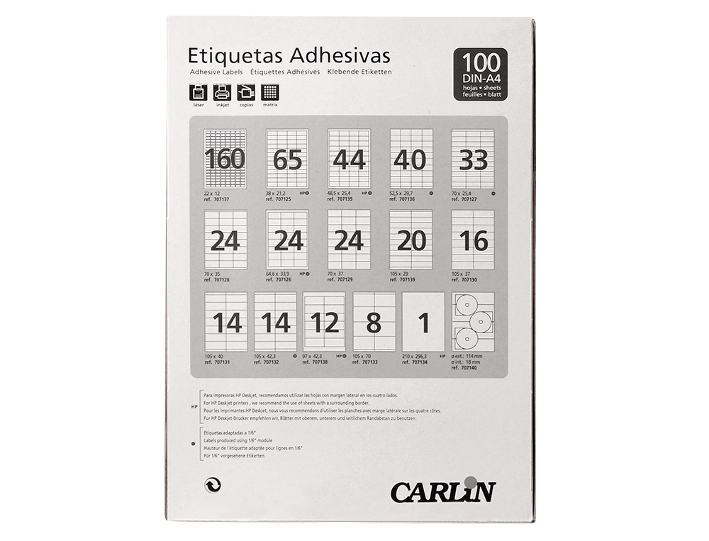 ETIQUETA ADHESIVA CARLIN 52,5X29,7 MM FOTOCOPIADORA LASER INK-JET CAJA DE 100 HOJAS DIN A4