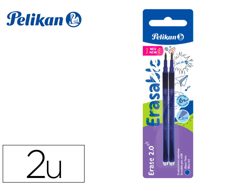 RECAMBIO ROLLER PELIKAN ERASE 2.0 COLOR AZUL BLISTER DE 2 UNIDADES
