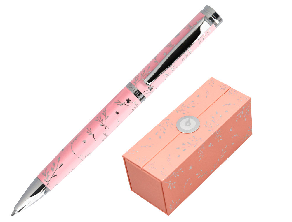 BOLIGRAFO BELIUS BELLA ALUMINIO COLOR ROSA DISEO PLATEADO RELIEVE TINTA AZUL CAJA DE DISEO