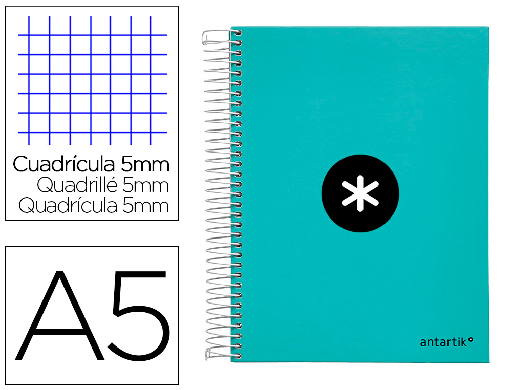 CUADERNO ESPIRAL LIDERPAPEL A5 MICRO ANTARTIK TAPA FORRADA120H 90 GR CUADRO 5 MM 5 BANDA6 TALADROS COLOR MENTA
