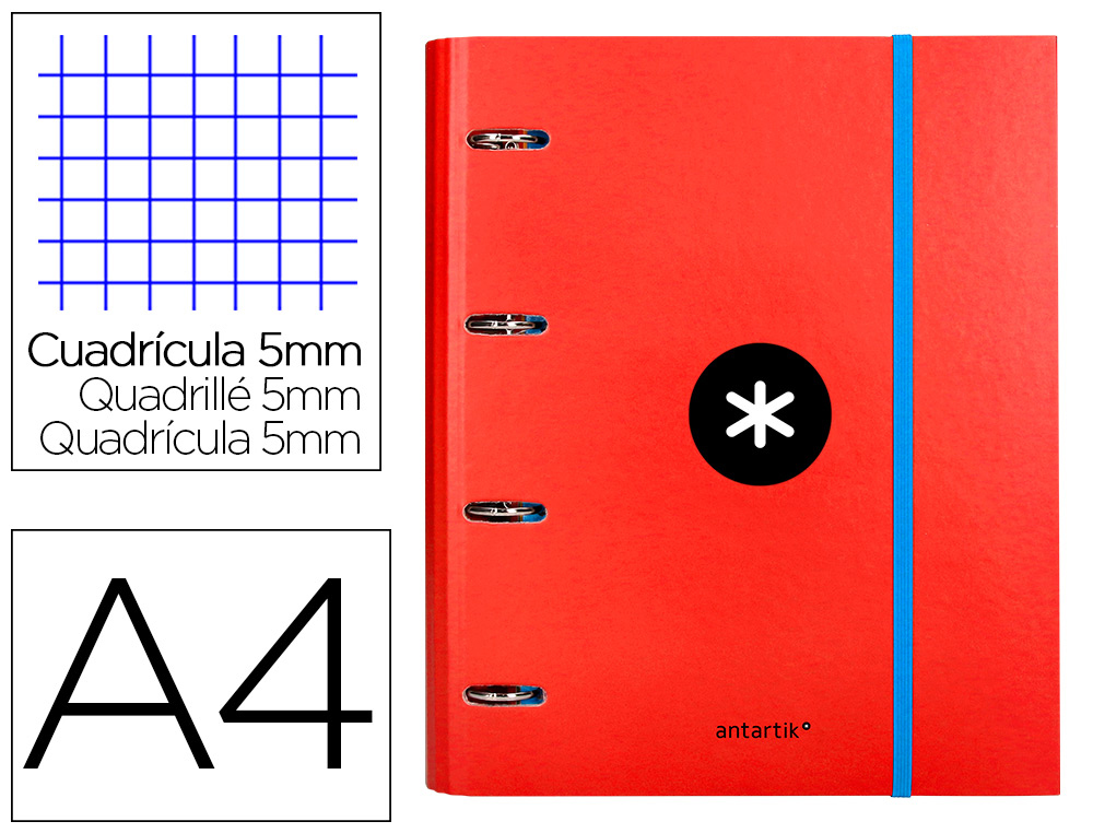 CARPETA CON RECAMBIO LIDERPAPEL ANTARTIK A4 CUADRO 5MM FORRADA 4 ANILLAS 40MM REDONDAS COLOR ROJO