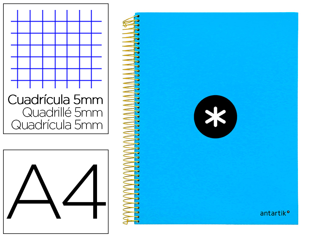 CUADERNO ESPIRAL LIDERPAPEL A4 MICRO ANTARTIK TAPA FORRADA120H 100 GR CUADRO 5MM 5 BANDA4 TALADROS COLOR AZUL
