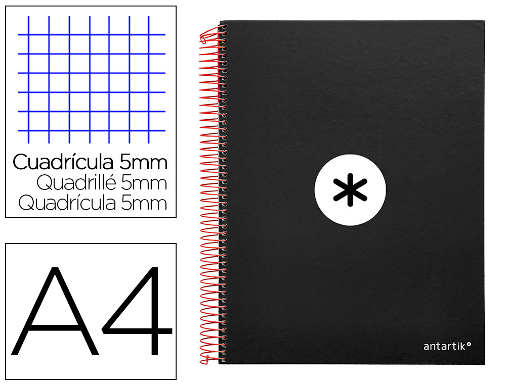 CUADERNO ESPIRAL LIDERPAPEL A4 MICRO ANTARTIK TAPA FORRADA120H 100 GR CUADRO 5MM 5 BANDAS 4 TALADROS COLOR NEGRO